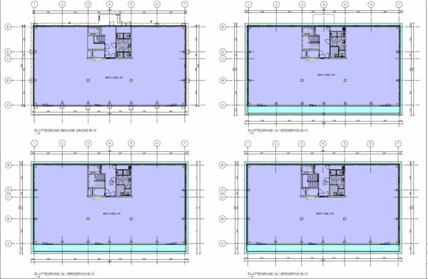 Bouwtekening met plattegronden van de begane grond en drie verdiepingen van een gebouw aan de Lindtsedijk.
