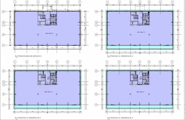 Bouwtekening met plattegronden van de begane grond en drie verdiepingen van een gebouw aan de Lindtsedijk.