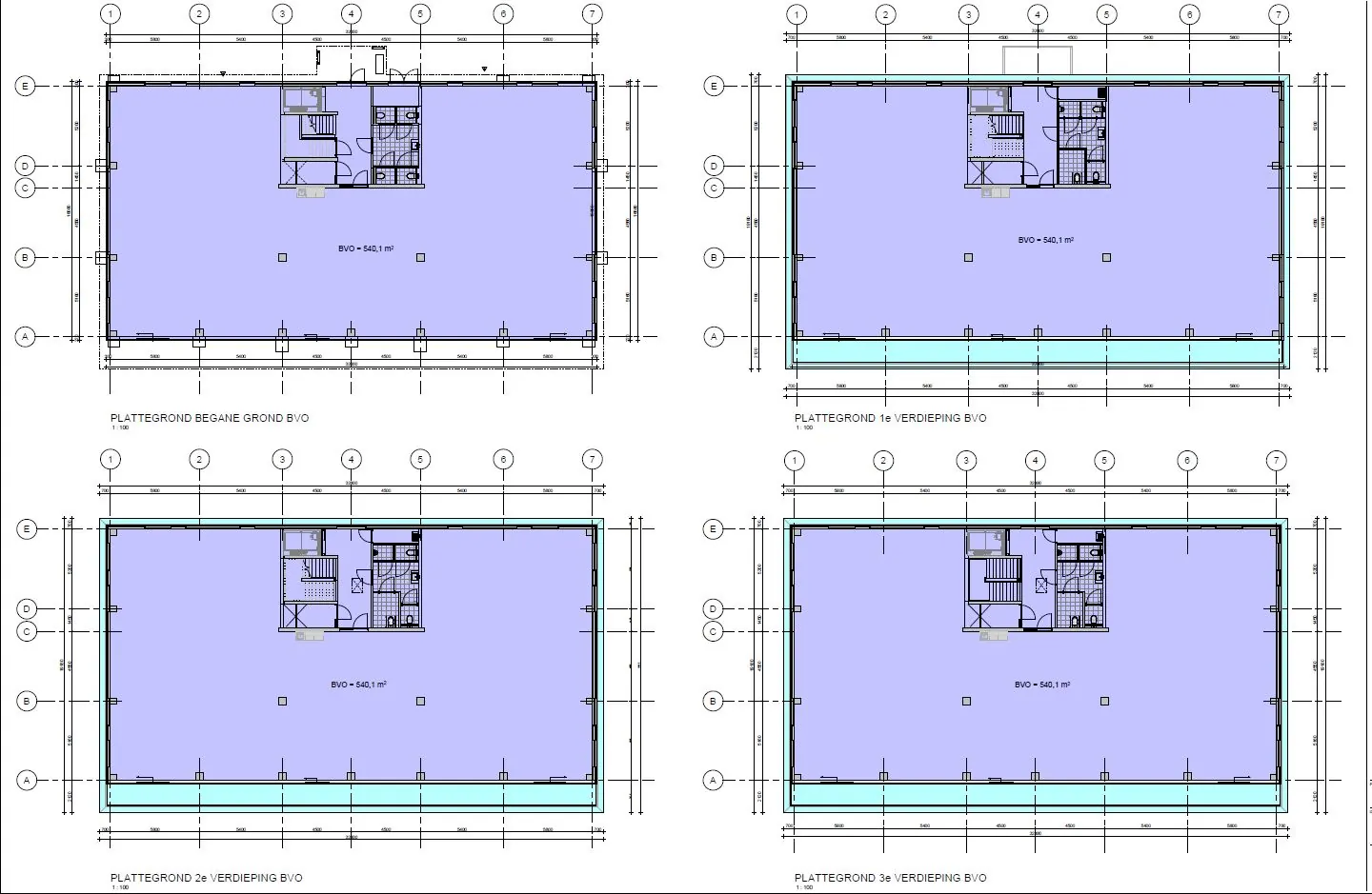 Bouwtekening met plattegronden van de begane grond en drie verdiepingen van een gebouw aan de Lindtsedijk.