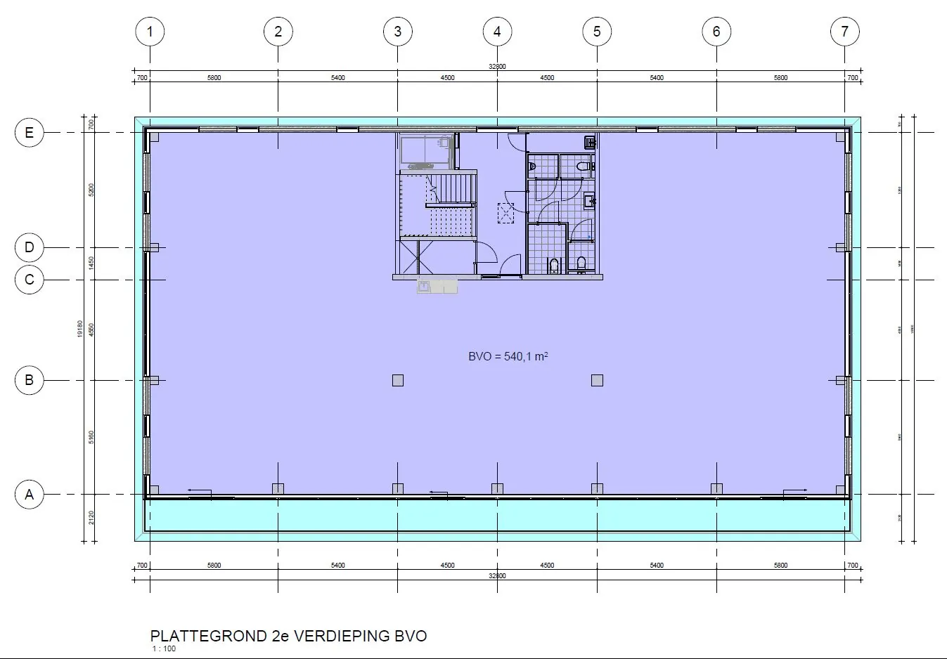 Plattegrond van de tweede verdieping van het gebouw aan de Lindtsedijk, met een bruto vloeroppervlak van 540,1 m².