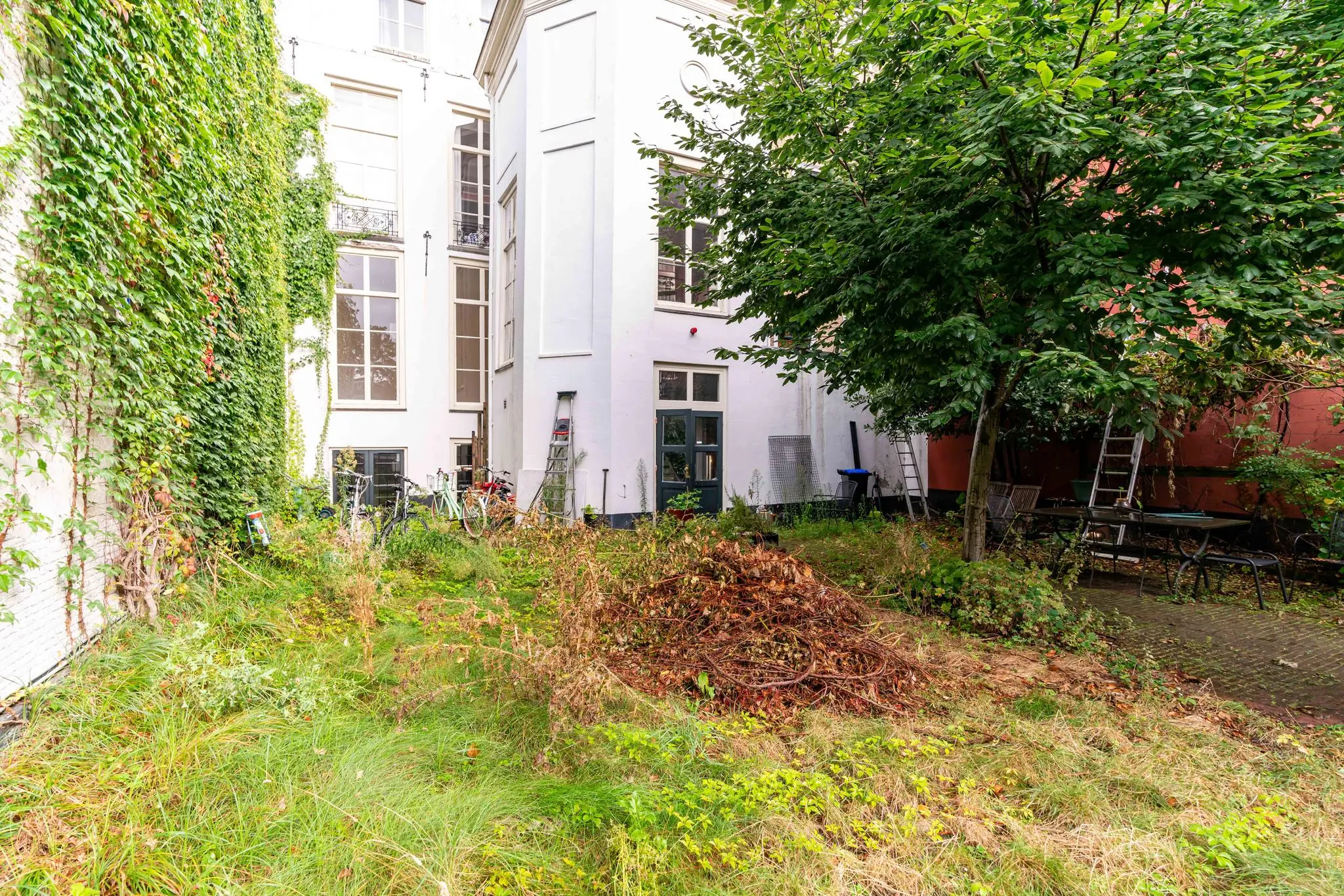 Overwoekerde binnentuin met fietsen, ladders en tuinmeubilair aan de Prinsegracht.