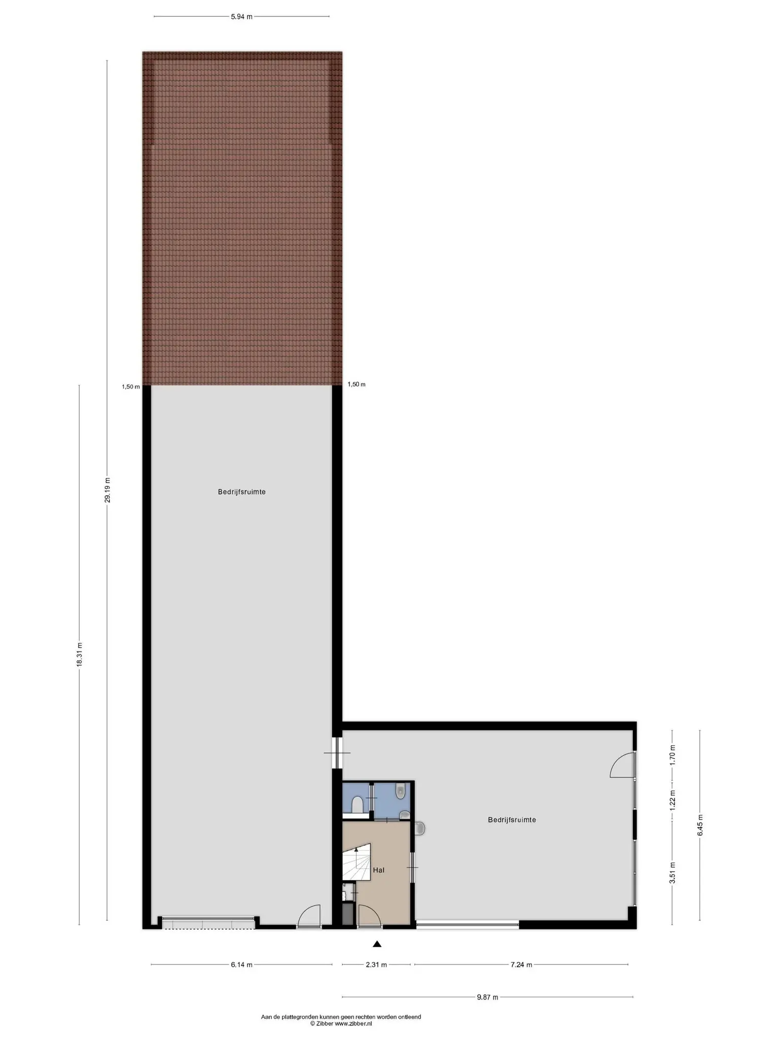 Plattegrond van een bedrijfsruimte aan de Tijnmuiden met hal, sanitair en twee aparte werkruimtes.