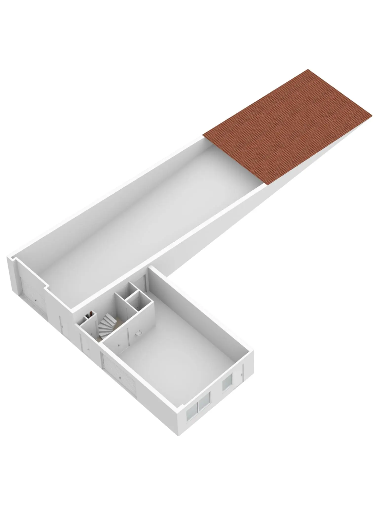 3D plattegrond van de begane grond van een woning aan de Tijnmuiden, met garage, trap, en afgesloten ruimtes.