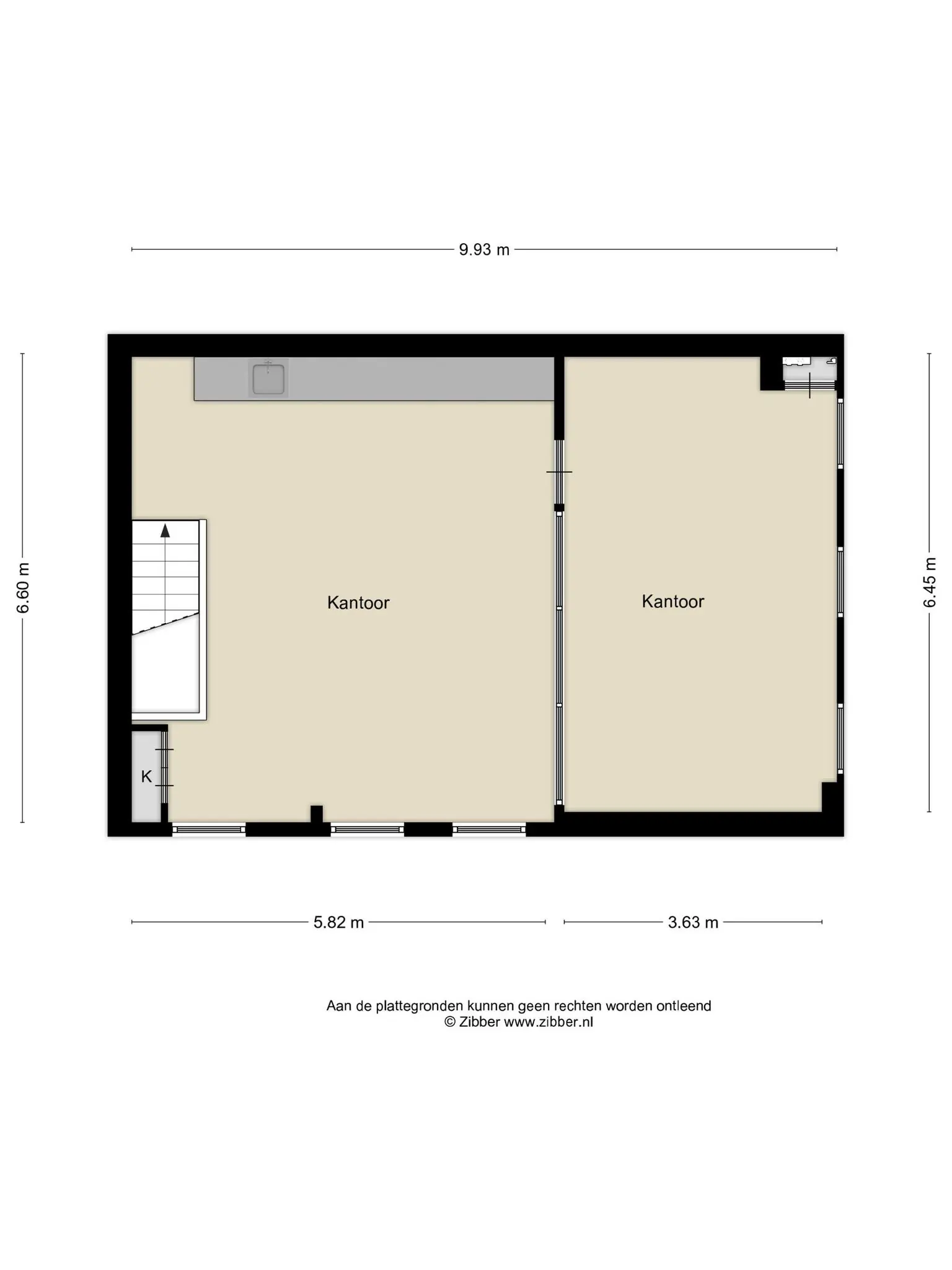 Plattegrond van een kantoorruimte met twee aparte kantoorruimtes en een kitchenette, gelegen aan de Tijnmuiden.