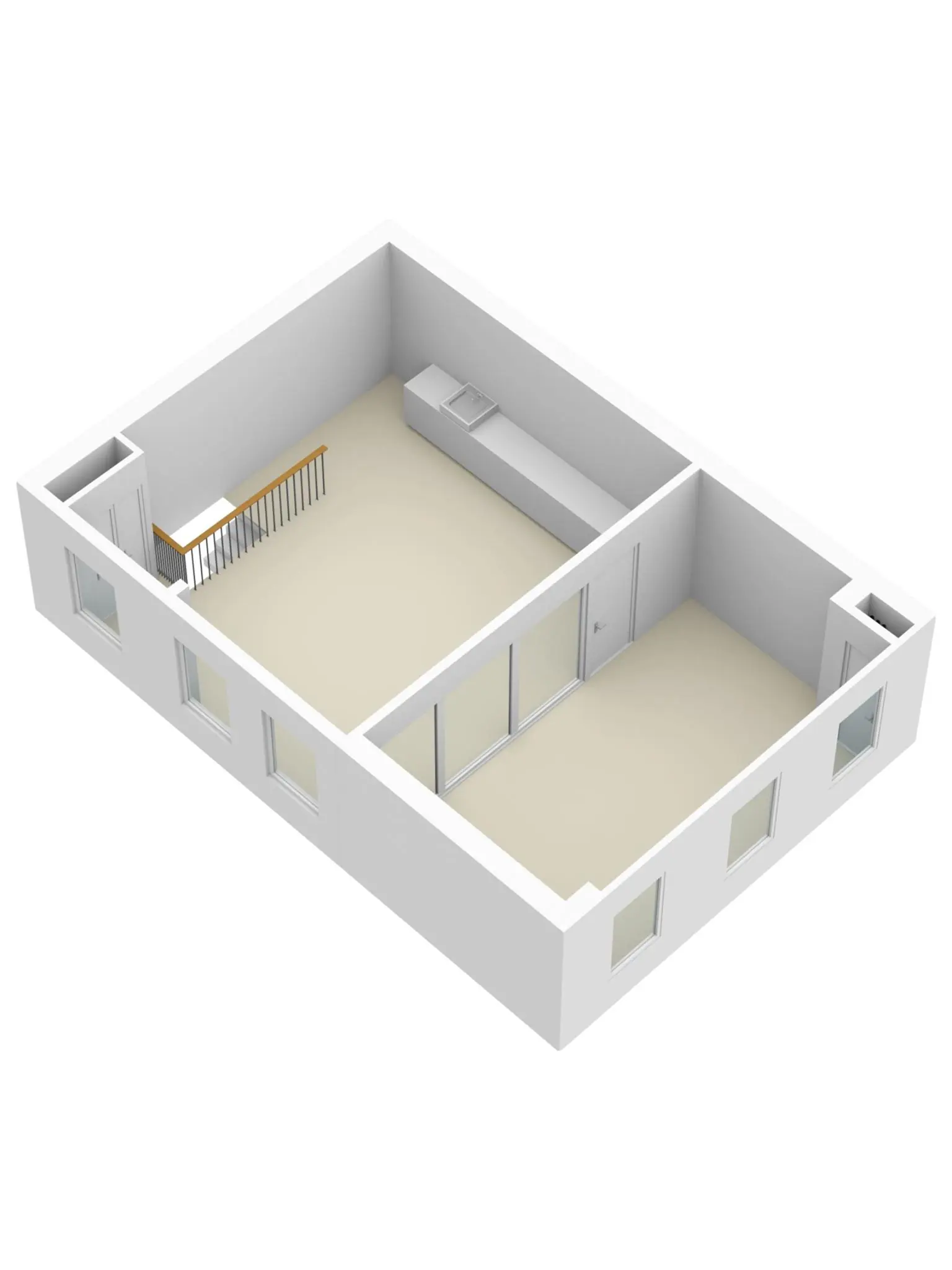 3D-plattegrond van een verdieping in een woning aan de Tijnmuiden met een trap, keukenblok en aparte kamer.