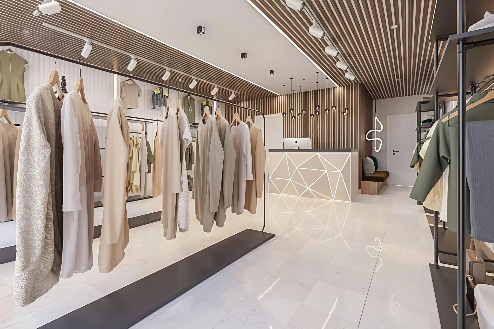 Moderne en minimalistische boetiek met neutraal gekleurde kleding en een strak vormgegeven balie.