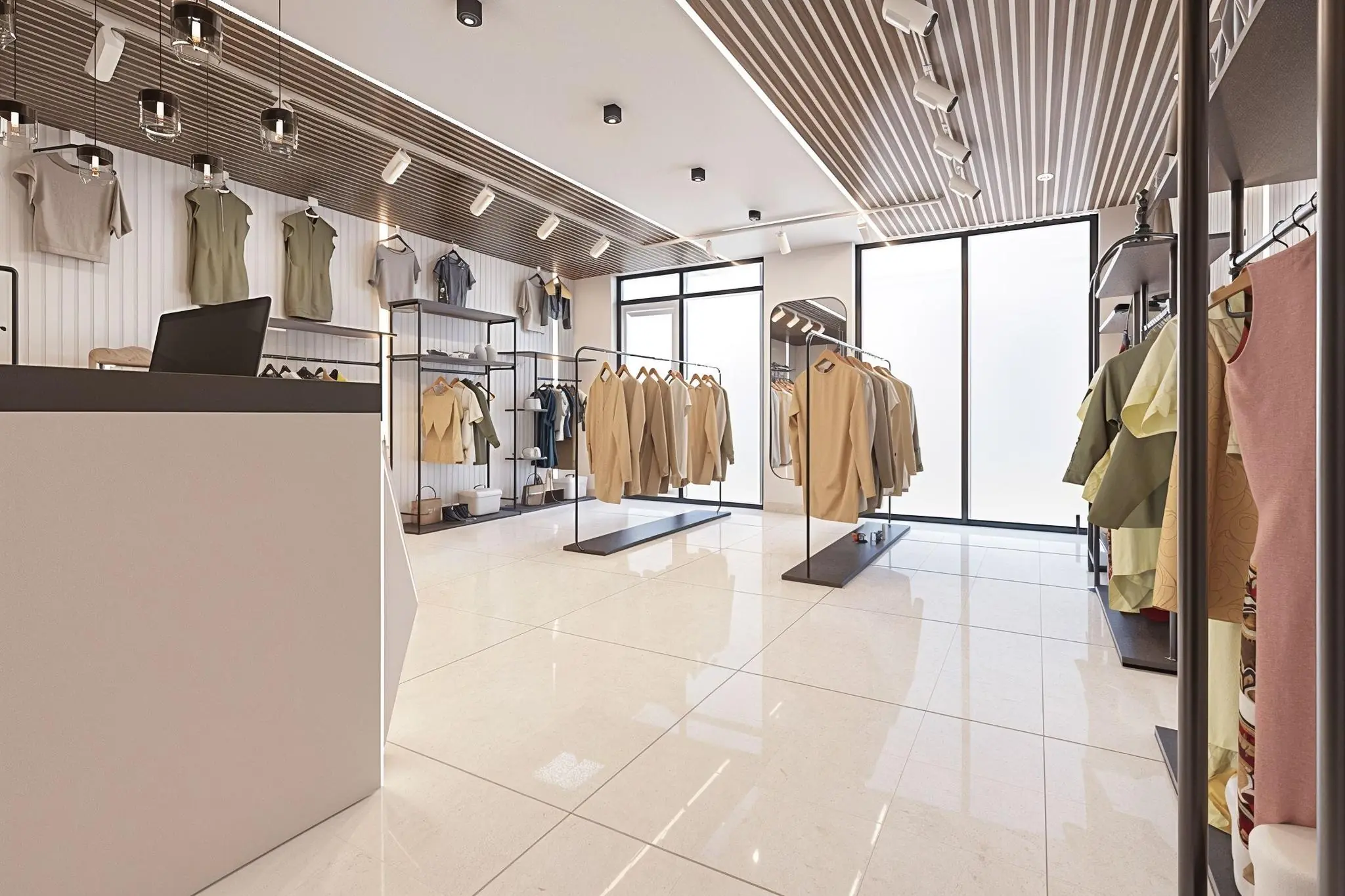 Moderne kledingwinkel in Tijnmuiden met minimalistisch interieur en neutraalgekleurde kleding op rekken.