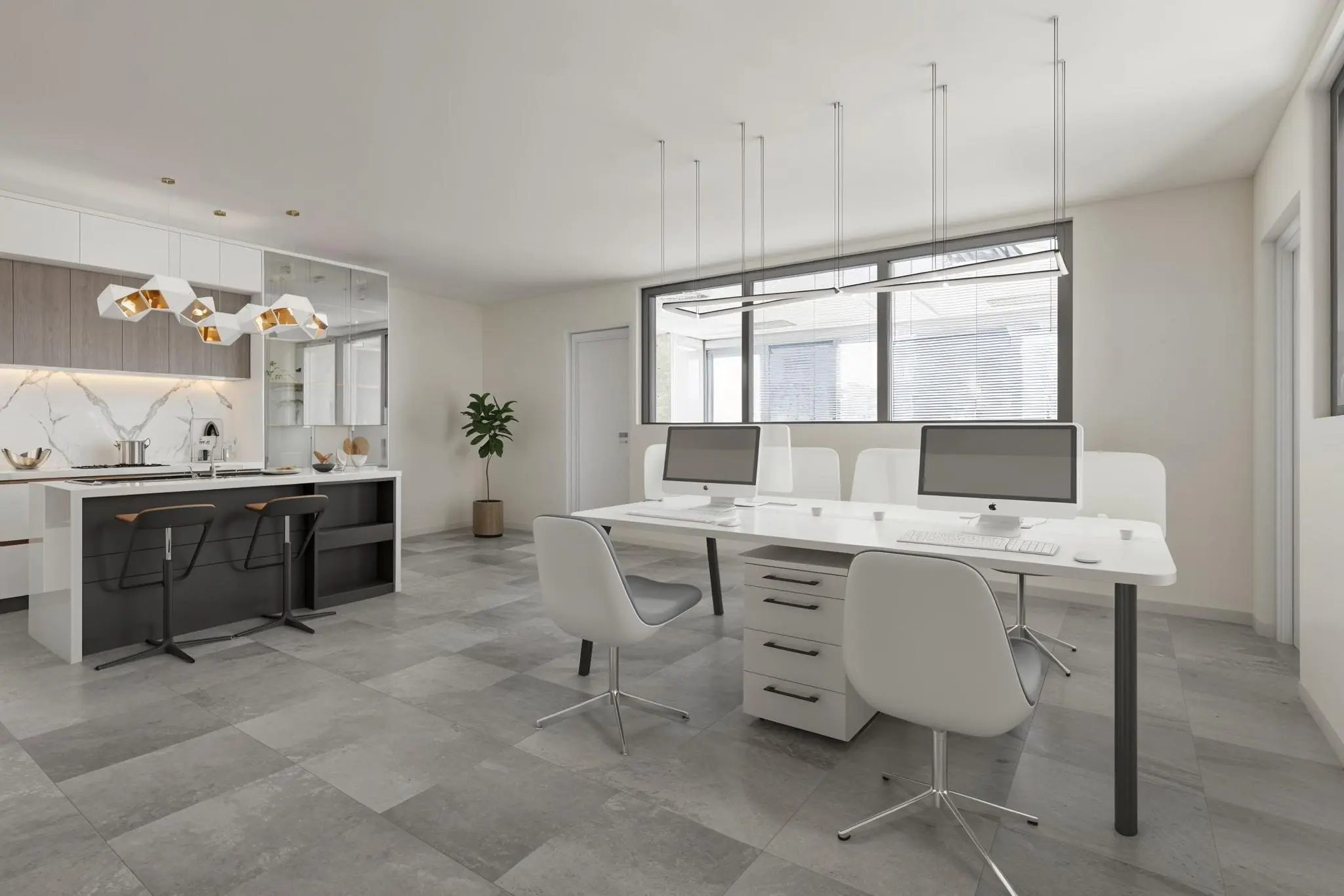 Moderne kantoorruimte aan de Tijnmuiden met werkplekken, strakke keuken en grote ramen voor natuurlijk licht.