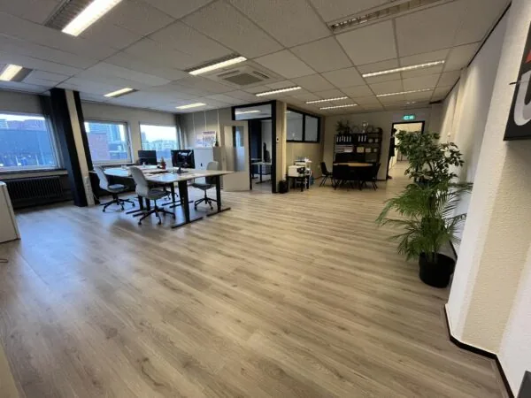Modern kantoorinterieur aan de Hollandlaan met bureaus, vergadertafel en grote ramen met stadszicht.