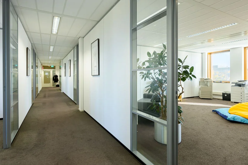 Moderne kantoorruimte met witte wanden, glazen scheidingswanden en een zithoek met planten en zitzakken.