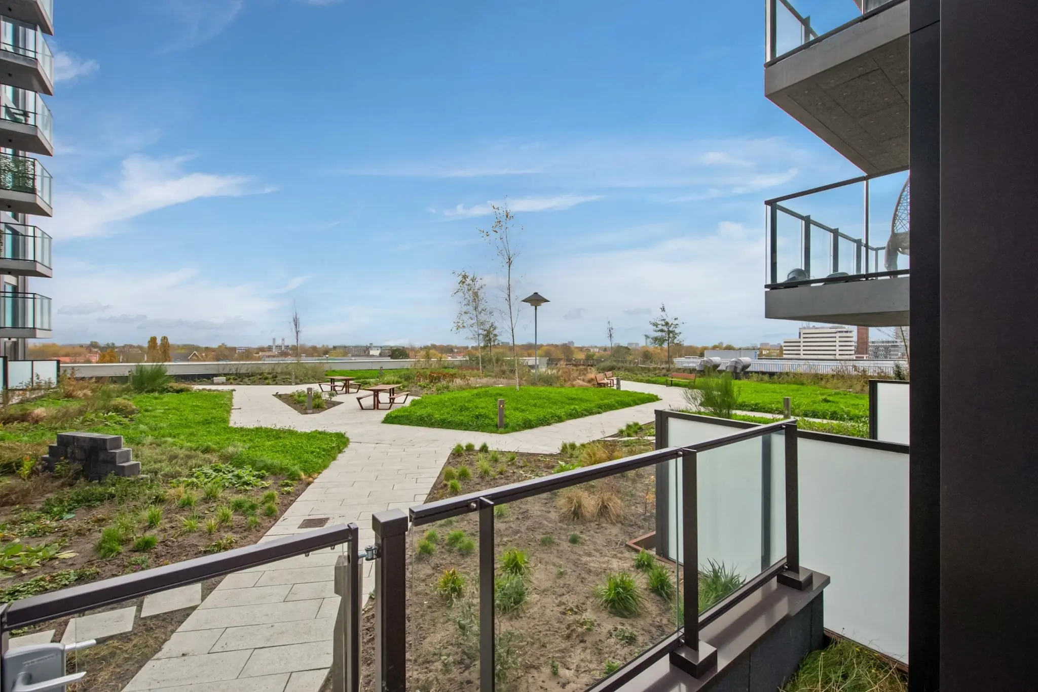 Groen dakterras met wandelpaden, zitbanken en uitzicht op omliggende bebouwing aan de Saturnusstraat.