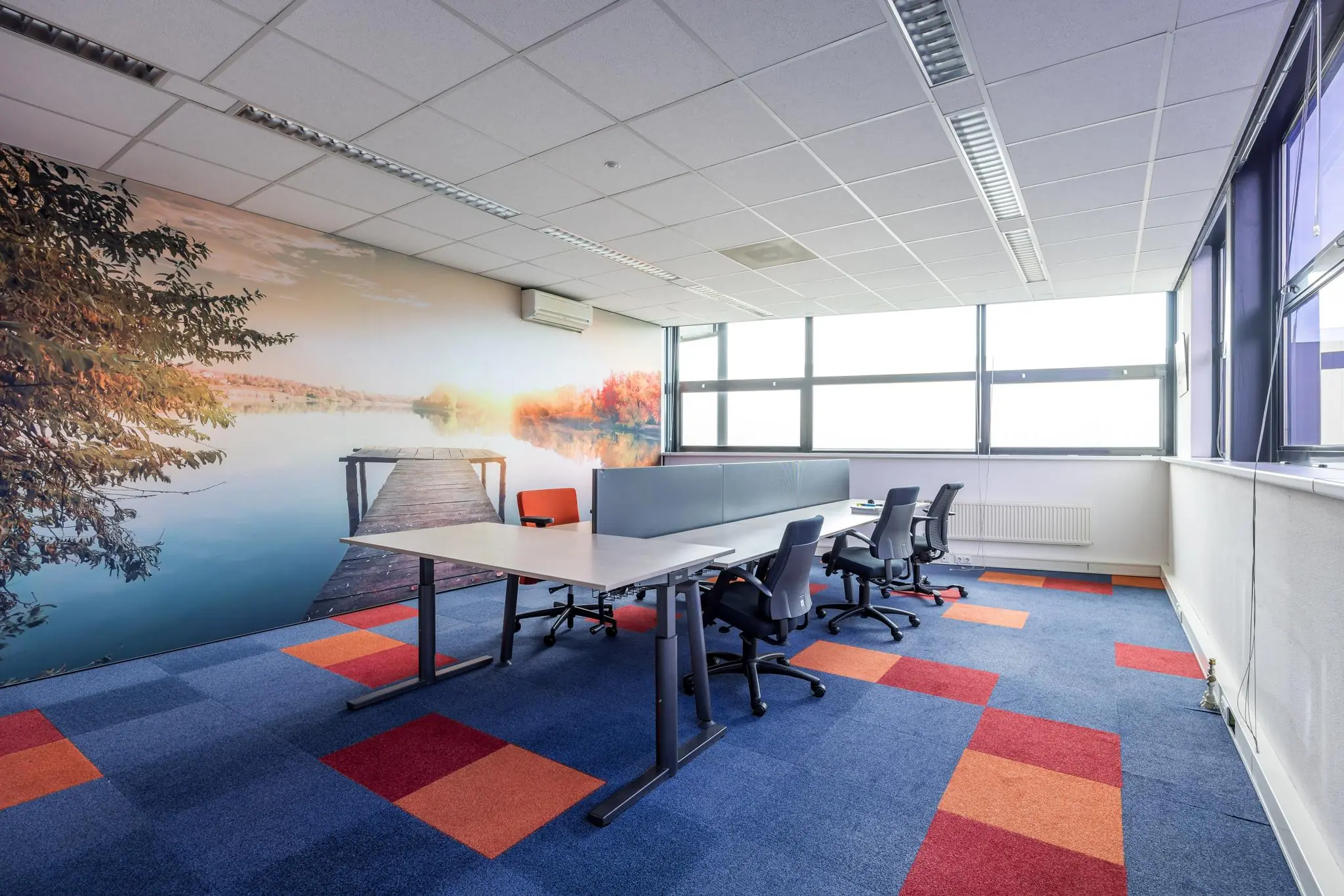 Moderne kantoorruimte aan de Atoomweg met kleurrijk tapijt, bureaus en een opvallende muurprint van een steiger aan een meer.