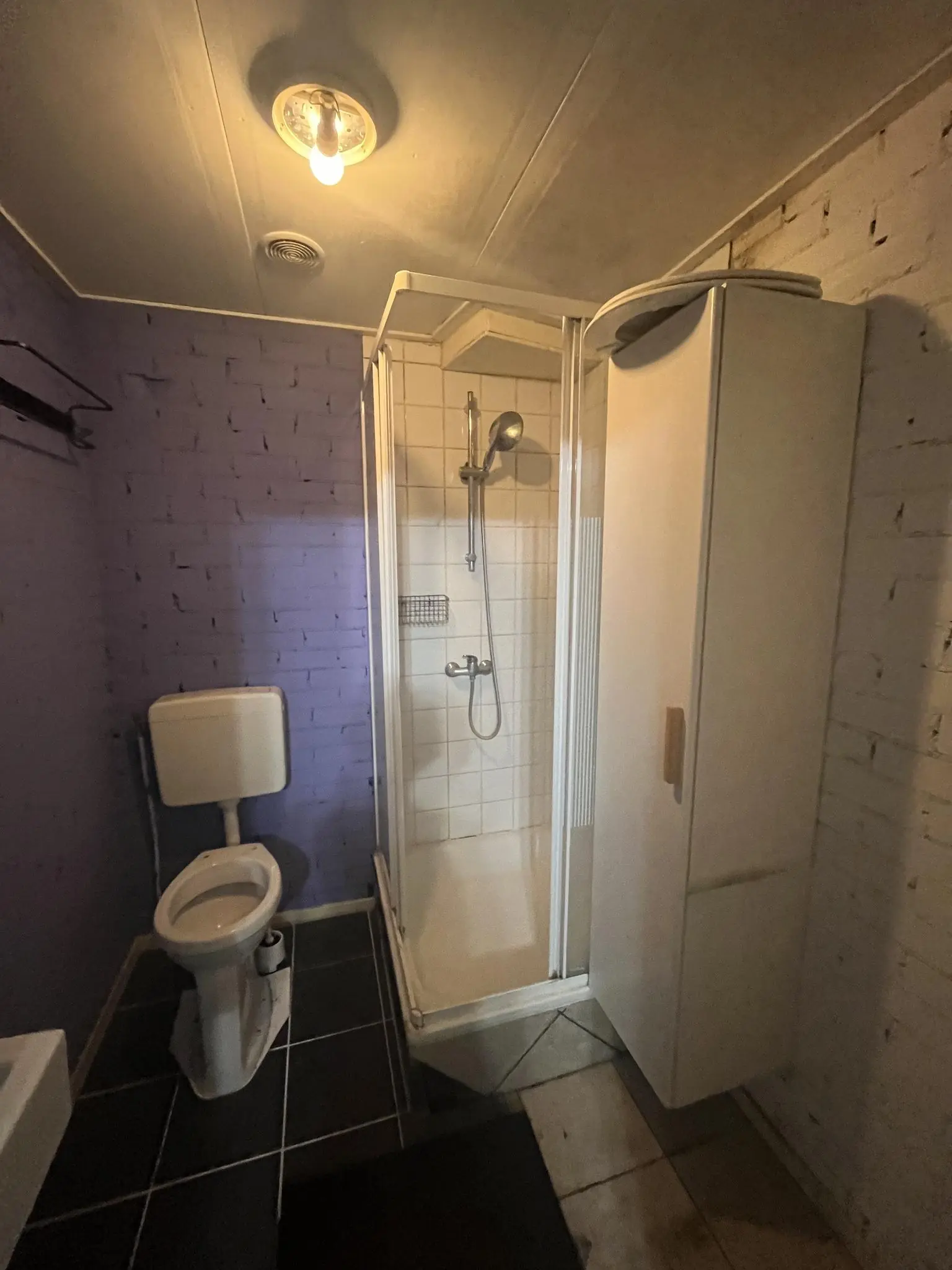 Badkamer met een toilet, douchecabine en witte opbergkast in de Nobeldwarsstraat.