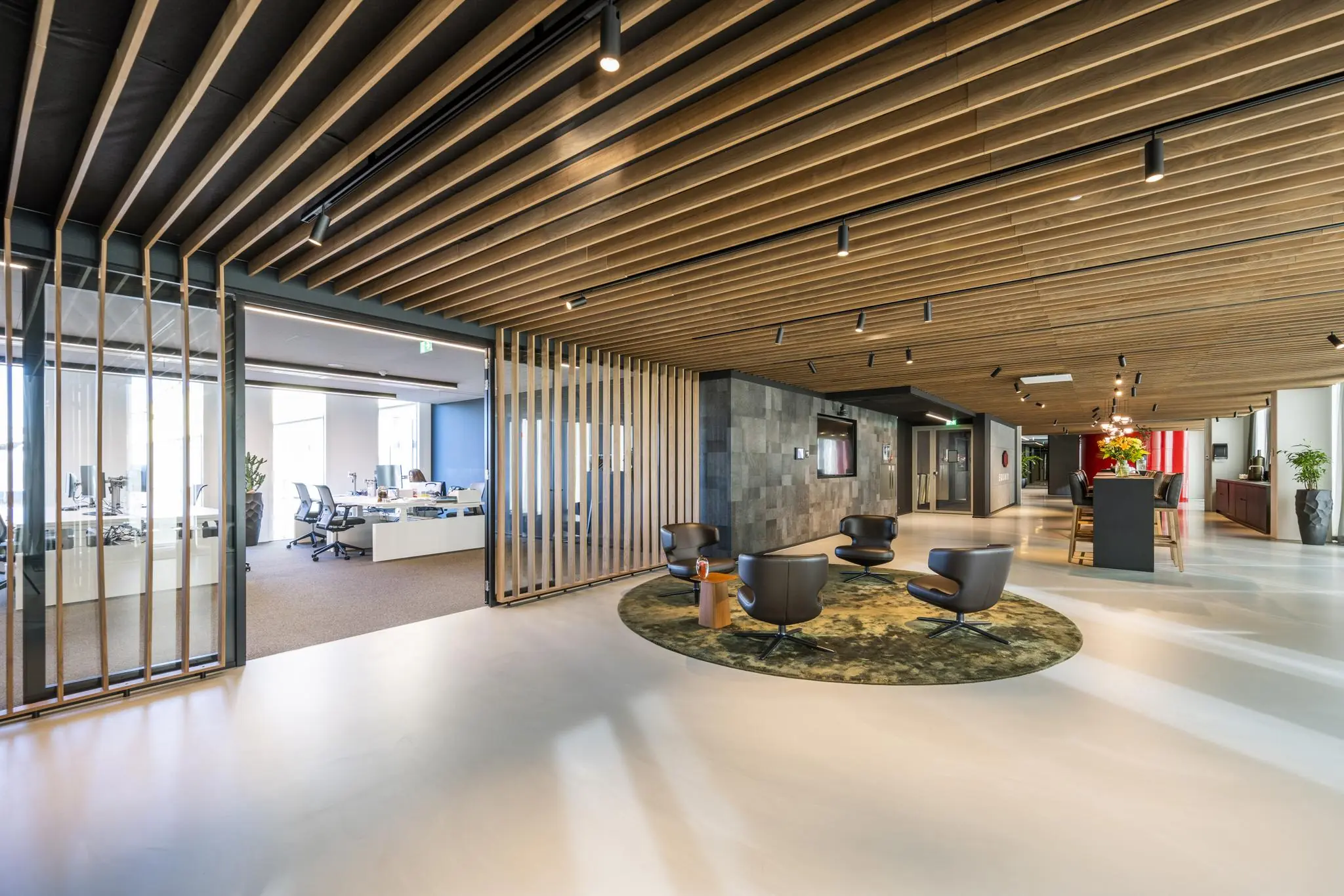 Moderne kantoorruimte in Hoekenrode met houten plafond, open werkplekken en een loungegedeelte met vier stoelen op een rond vloerkleed.