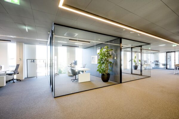 Modern kantoorinterieur in Hoekenrode met glazen vergaderruimtes, strakke bureaus en grote kamerplanten.