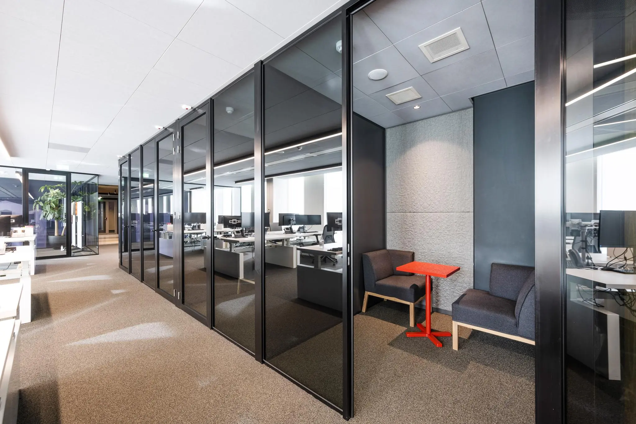 Moderne kantoorruimte in Hoekenrode met glazen vergaderruimtes en een zithoek met rood tafeltje.