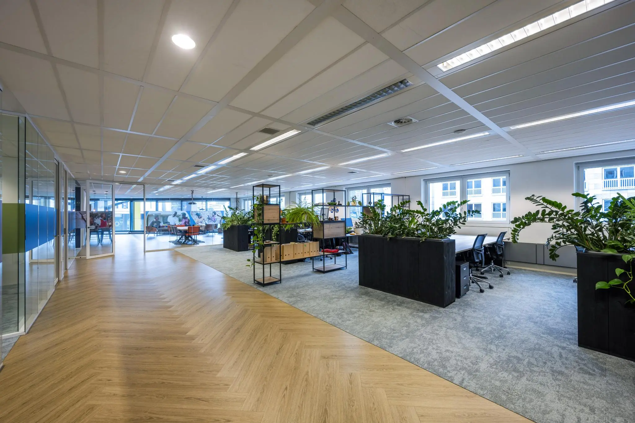 Moderne open kantoorruimte aan de Johan Cruijff Boulevard met veel daglicht, planten en werkplekken.