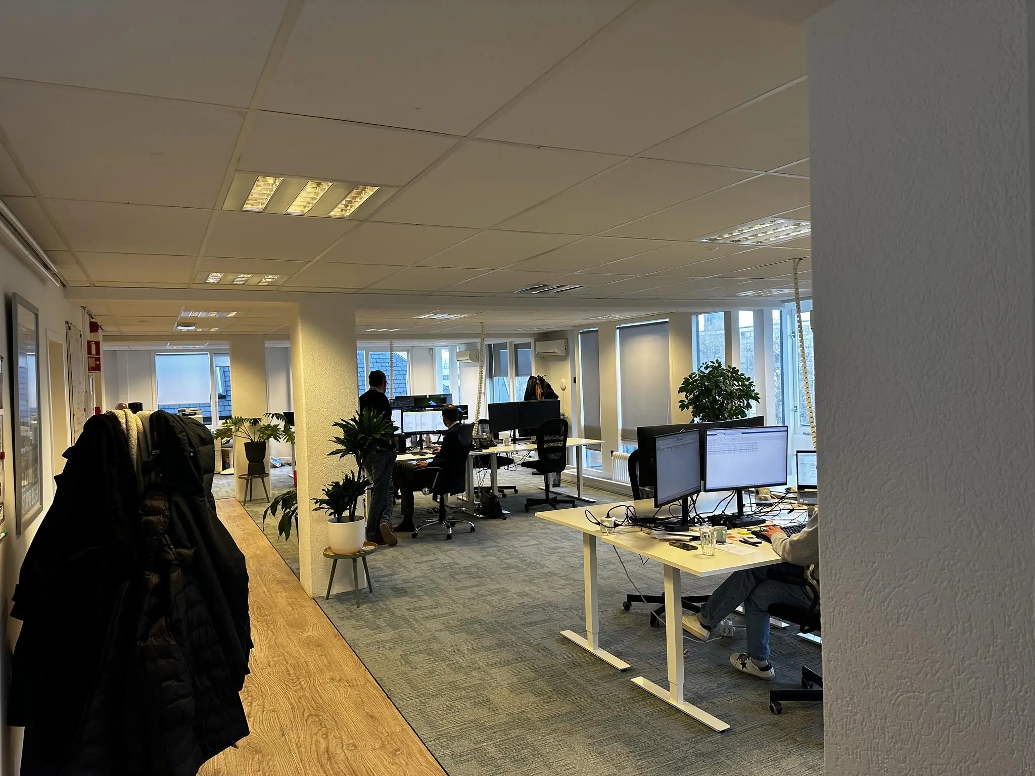 Moderne kantooruimte aan de Koninginnegracht met werkplekken, computers en planten.