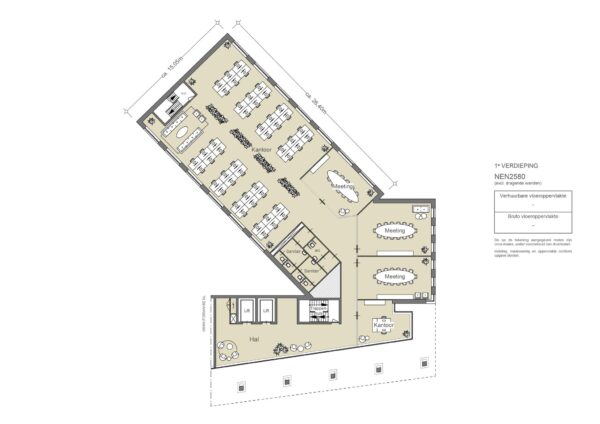 Plattegrond van een kantoorruimte op de eerste verdieping aan de Johan Cruijff Boulevard met werkplekken, vergaderruimtes en voorzieningen.