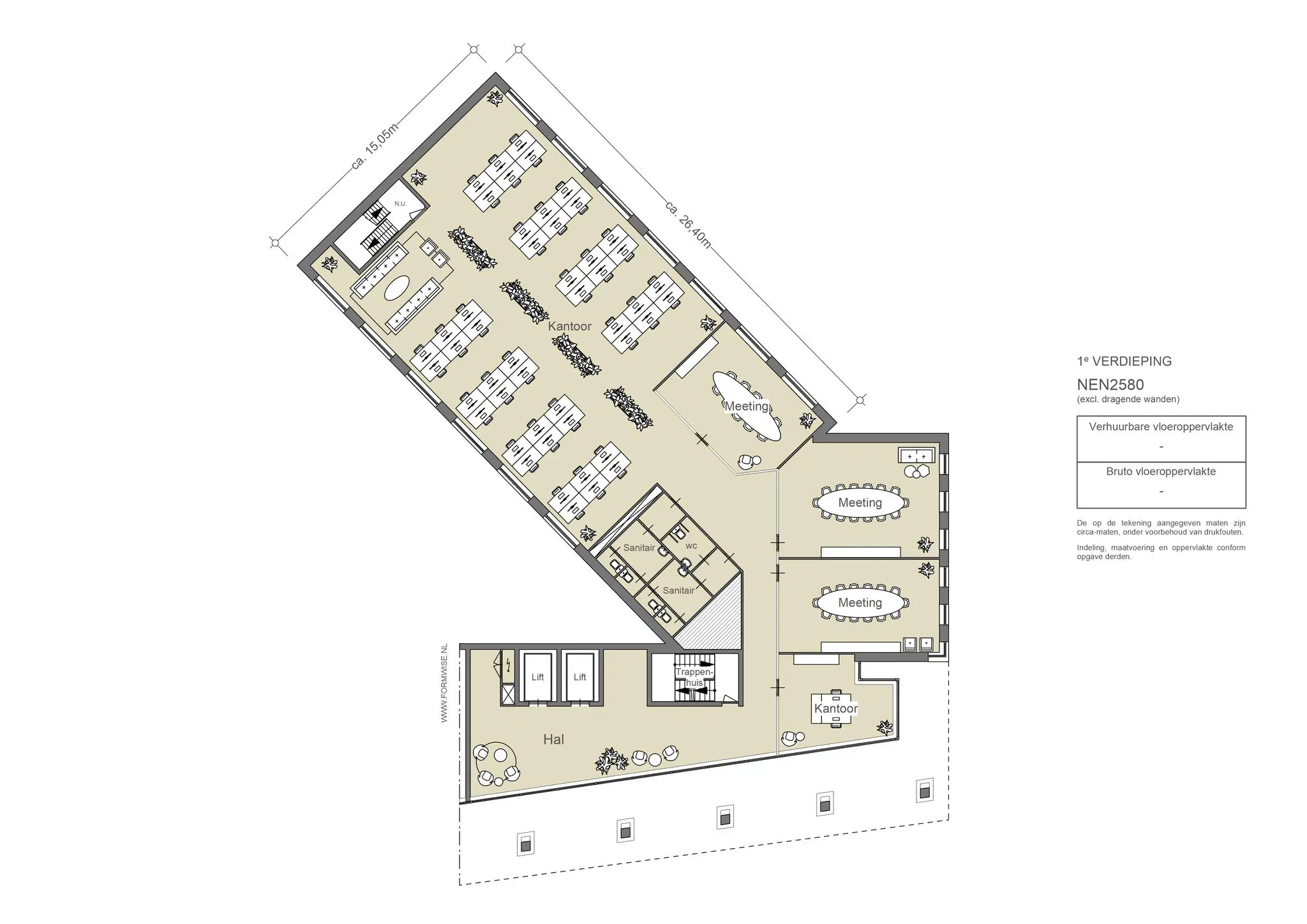 Plattegrond van een kantoorruimte op de eerste verdieping aan de Johan Cruijff Boulevard met werkplekken, vergaderruimtes en voorzieningen.