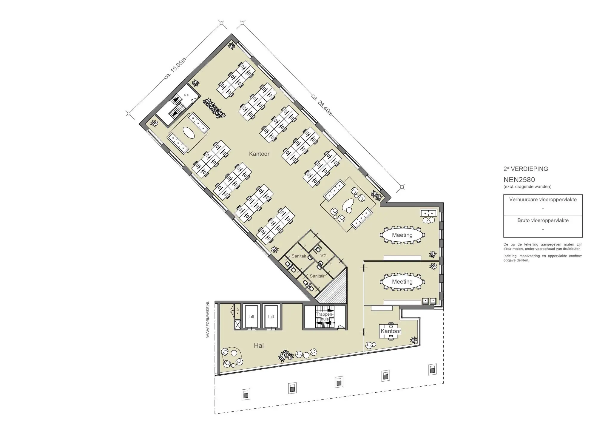 Plattegrond van de tweede verdieping aan de Johan Cruijff Boulevard met kantoorruimtes, vergaderruimtes, sanitair en hal.