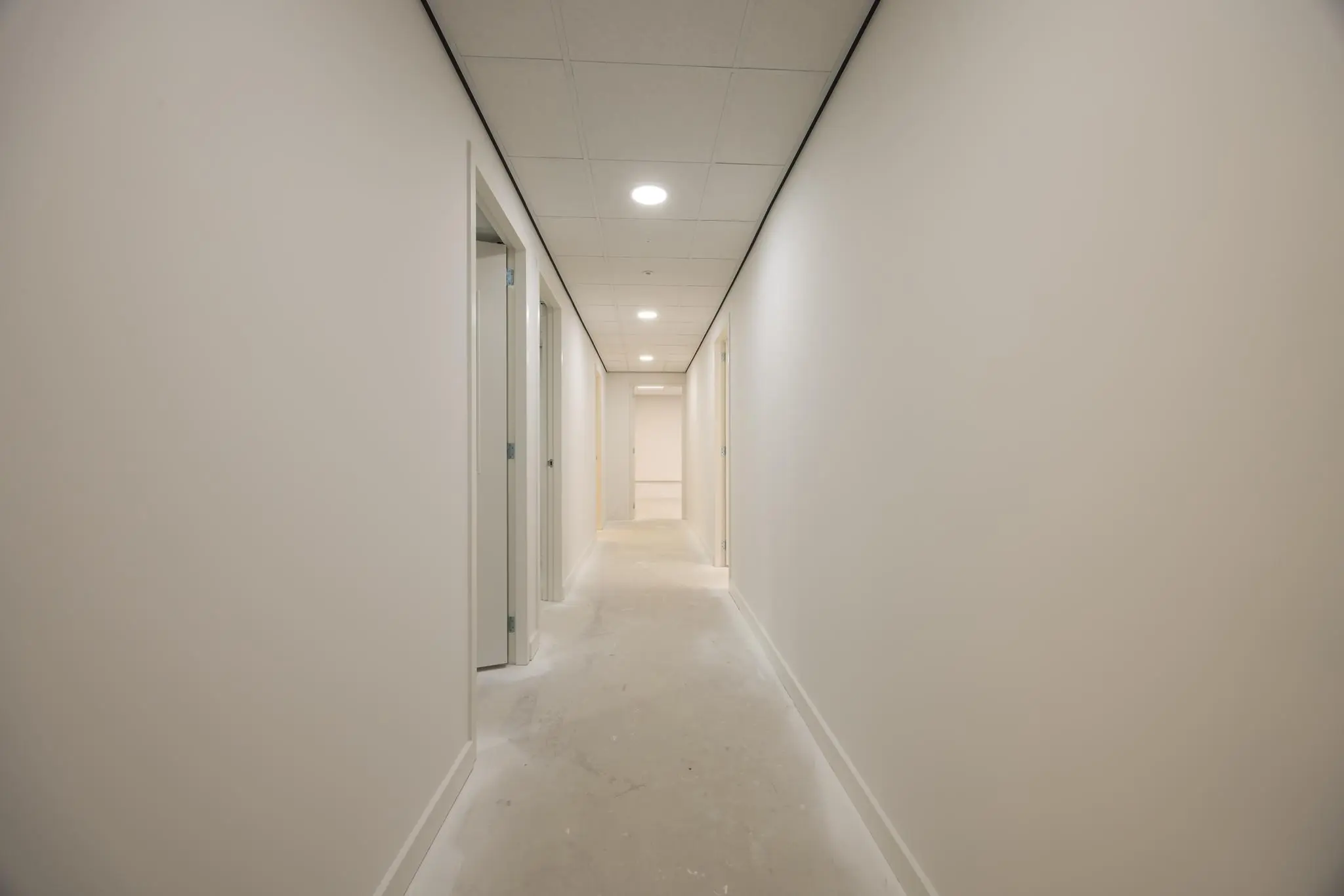 Lichte, smalle gang met meerdere deuren in een modern gebouw aan de Wallesteinlaan.
