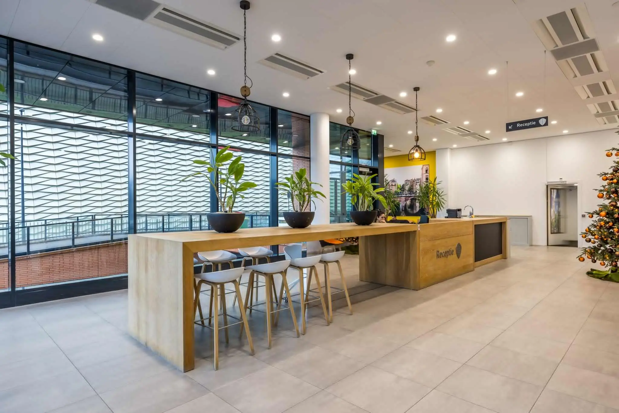 Moderne receptieruimte aan de Winthontlaan met houten balie, hoge zitplaatsen, kamerplanten en kerstboom.