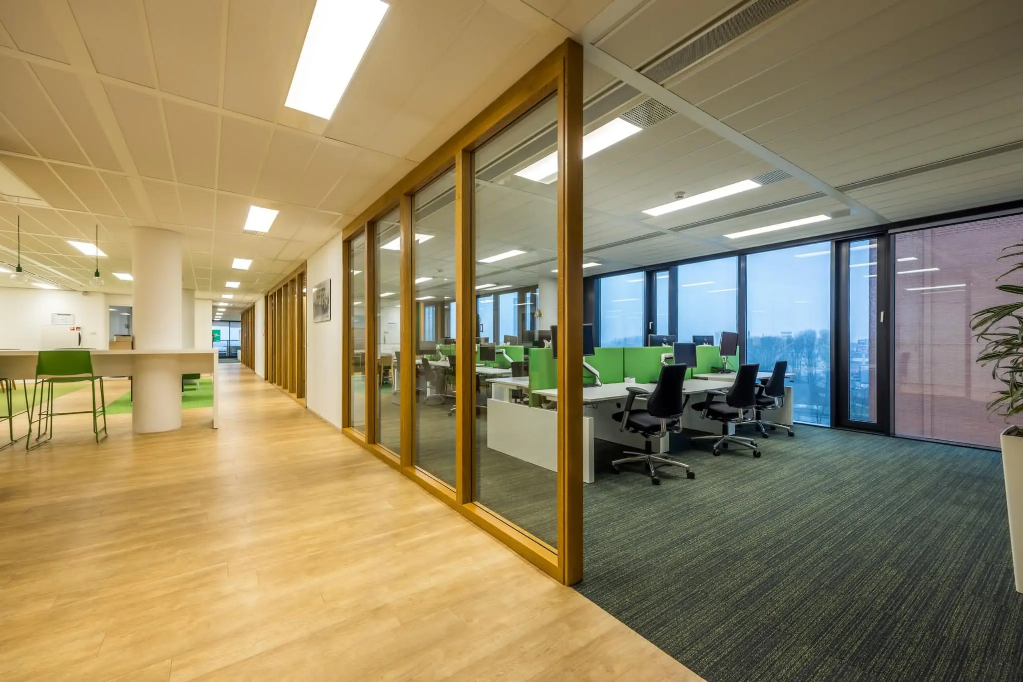 Modern kantoorpand aan de Winthontlaan met glazen wanden, open werkplekken en groene accenten.