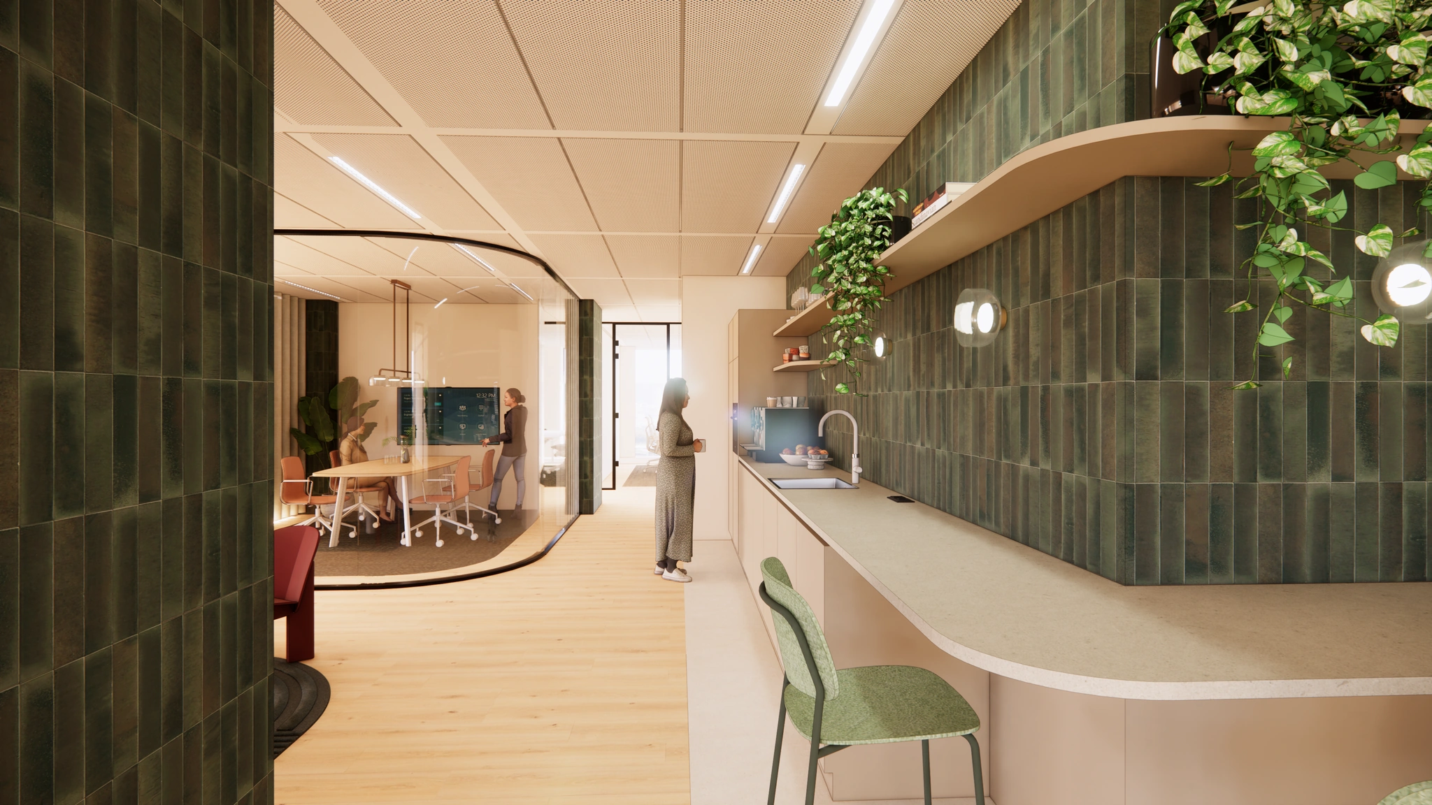 Modern kantoorinterieur aan de Beethovenstraat met een open vergaderruimte en een kitchenette met groene tegels en hangplanten.