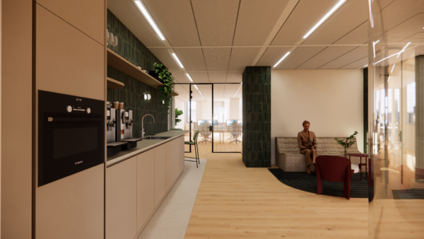 Moderne kantoorruimte aan de Beethovenstraat met een open keuken, zitgedeelte en zicht op een vergaderruimte.