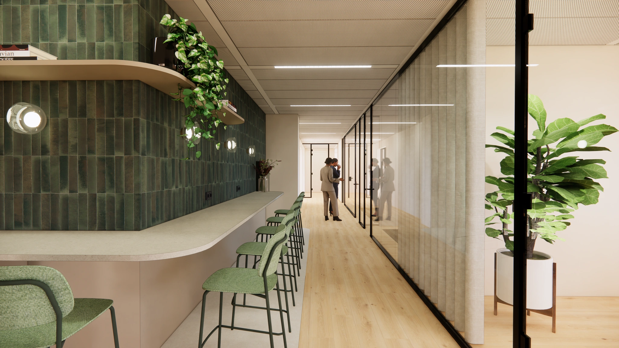 Moderne kantoorruimte aan de Beethovenstraat met een barzitje, groene tegels en glazen vergaderruimtes.