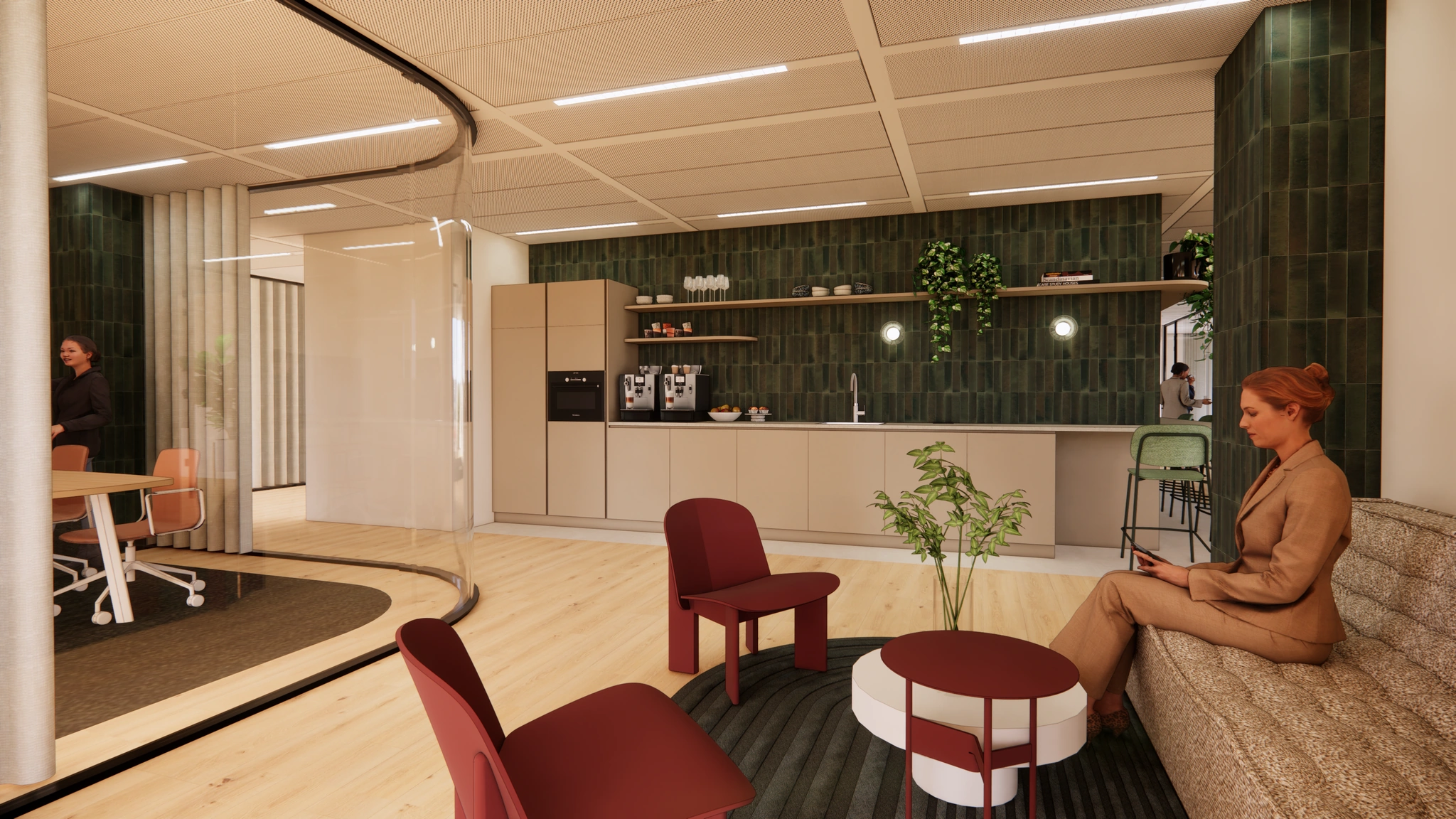 Moderne kantoorkeuken aan de Beethovenstraat met zithoek, koffiecorner en mensen in een stijlvolle werkomgeving.