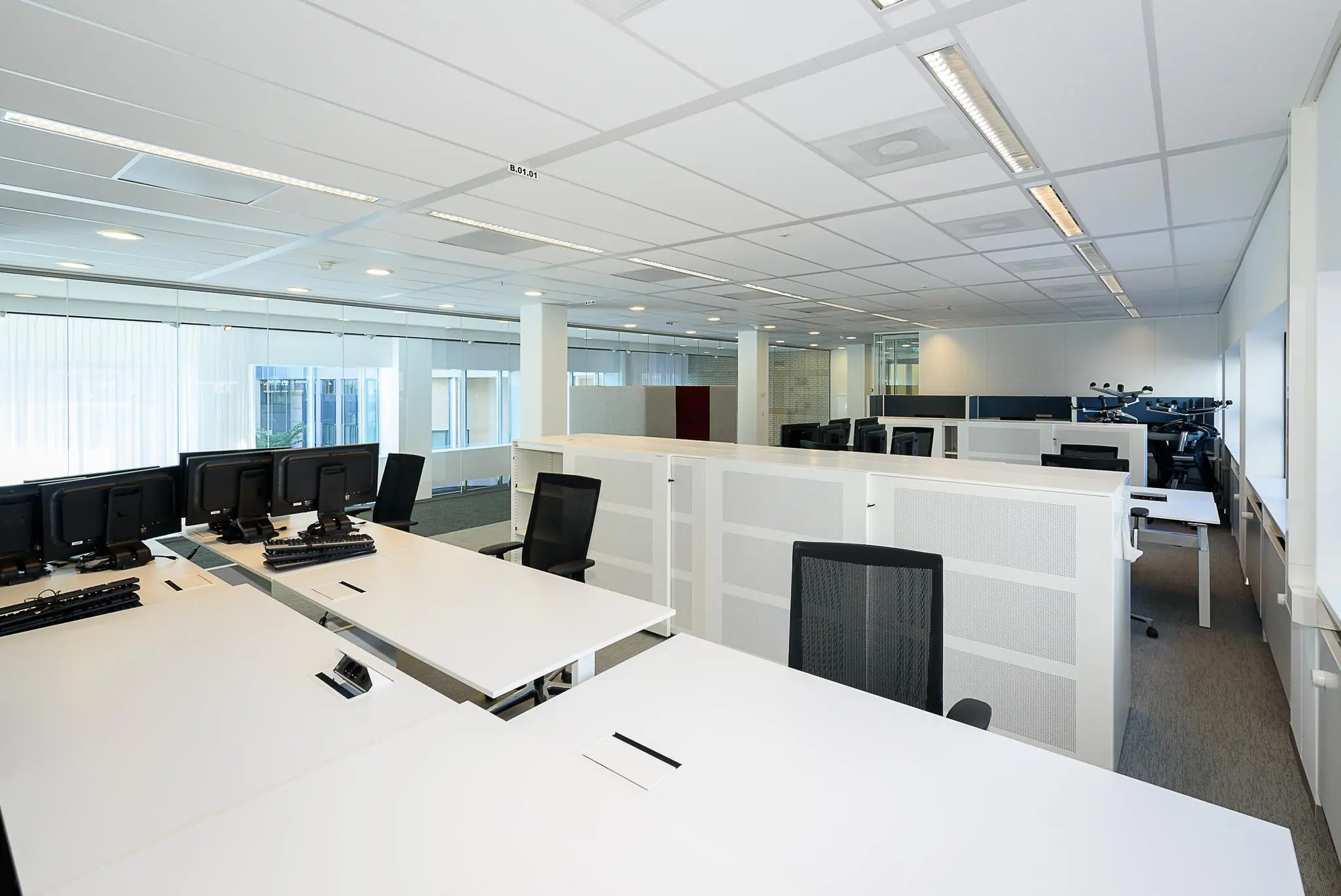 Modern, licht open kantoor aan het Daalseplein met meerdere werkplekken en bureaustoelen.