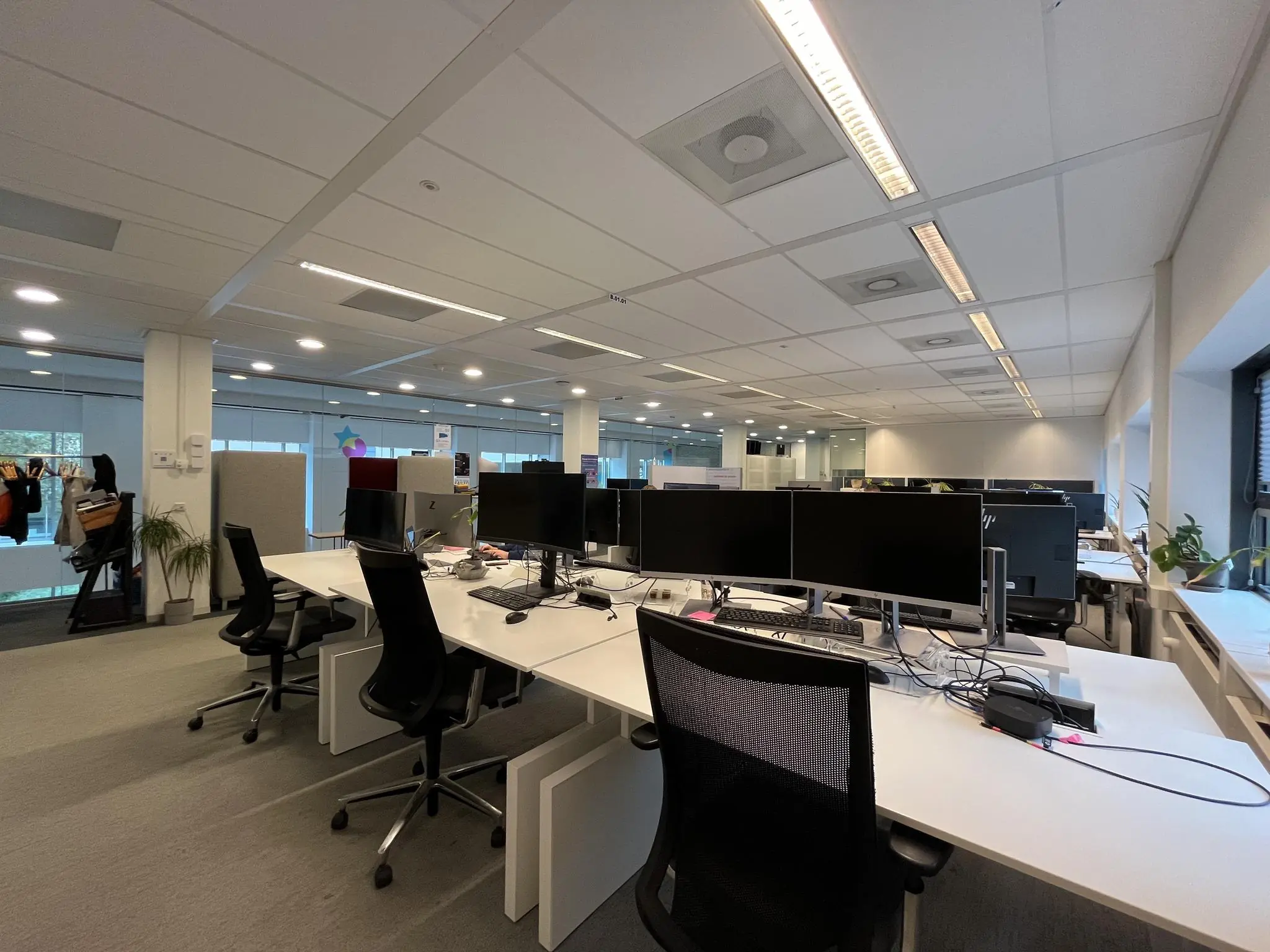 Moderne, open kantoortuin aan het Daalseplein met meerdere werkplekken en computerschermen.