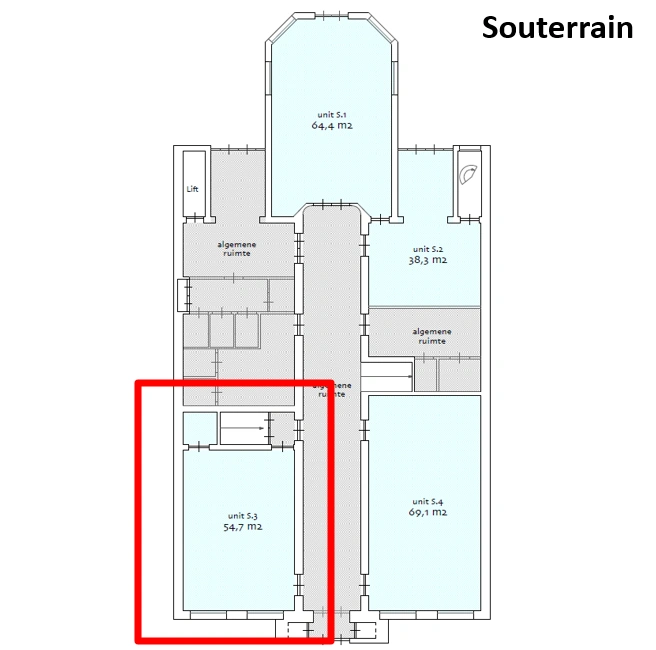 Plattegrond van het souterrain aan de Herengracht met een rode markering rond unit 5.3 van 54,7 m².