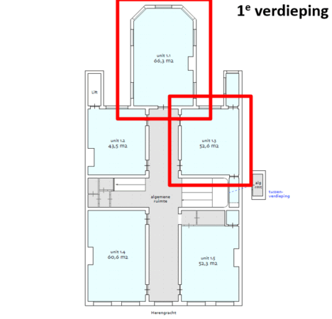 Plattegrond van de eerste verdieping aan de Herengracht met vijf units, waarvan unit 1.1 en 1.3 rood gemarkeerd zijn.