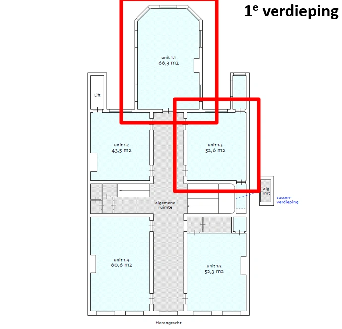Plattegrond van de eerste verdieping aan de Herengracht met vijf units, waarvan unit 1.1 en 1.3 rood gemarkeerd zijn.