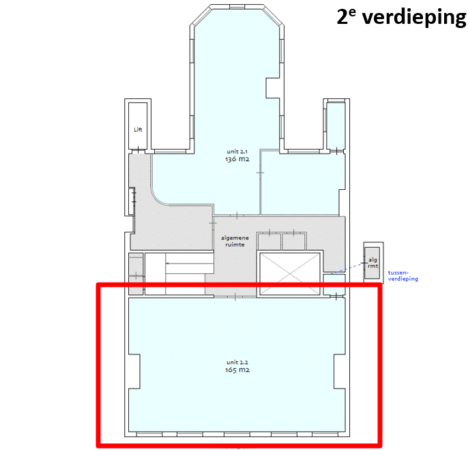 Plattegrond van de 2e verdieping van Herengracht met units 2.1 en 2.2, inclusief algemene ruimte en lift.