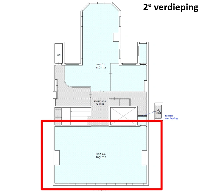 Plattegrond van de 2e verdieping van Herengracht met units 2.1 en 2.2, inclusief algemene ruimte en lift.