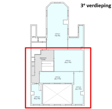 Plattegrond van de derde verdieping aan de Herengracht met vijf kantoorunits en een algemene ruimte.