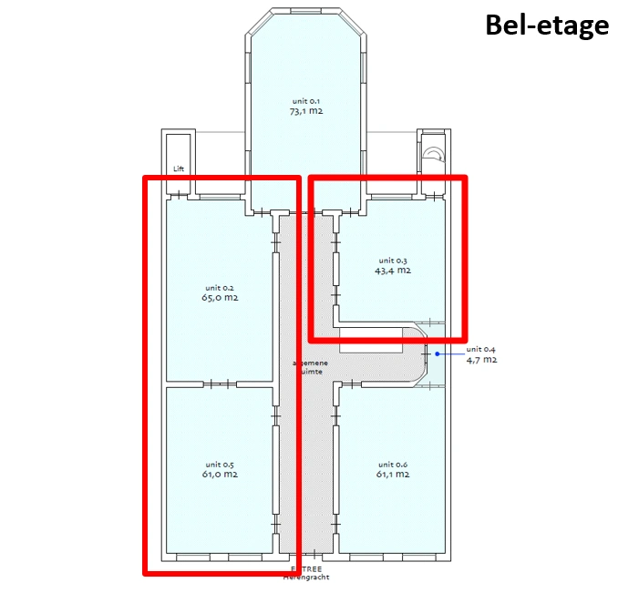 Plattegrond van de bel-etage aan de Herengracht met zes eenheden, waaronder unit 0.2 en 0.3 gemarkeerd in rood.