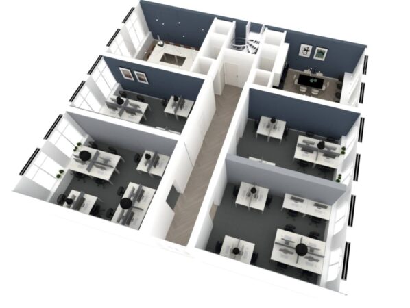 3D plattegrond van een modern kantoor aan de Raadhuisstraat met meerdere werkplekken en vergaderruimtes.