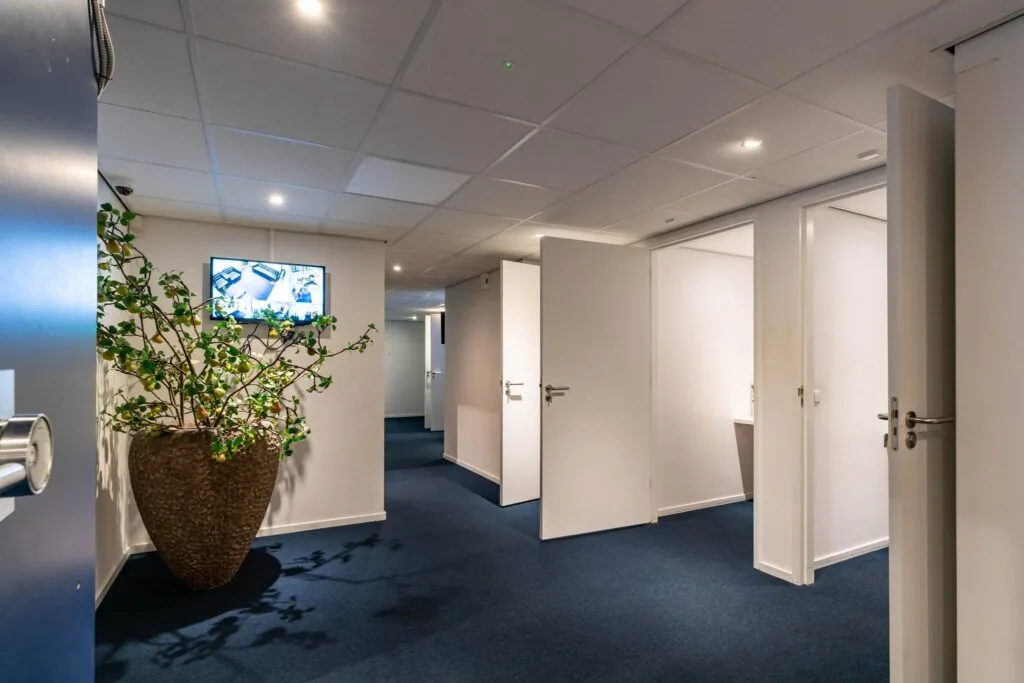 Moderne kantoorhal aan de Bezuidenhoutseweg met blauwe vloerbedekking, open witte deuren, een grote plantenbak en een wandbeeldscherm.