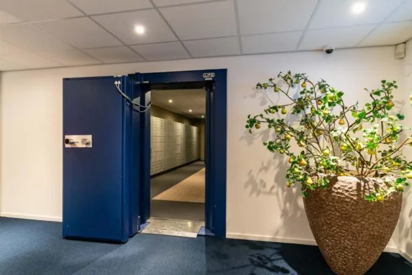 Grote kluisdeur naar een ruimte met kluisjes aan de Bezuidenhoutseweg, naast een decoratieve pot met kunstperenboom.