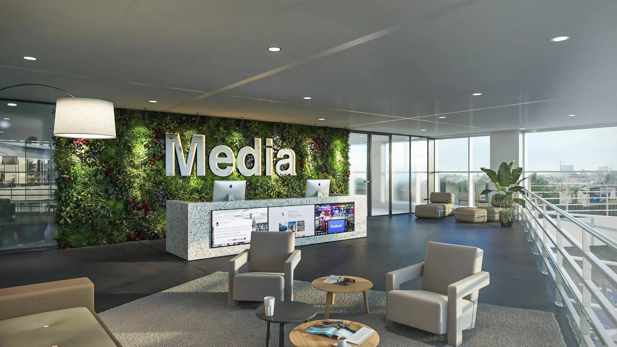 Moderne en lichte ontvangsthal van een mediabedrijf aan de Newtonlaan, met een groene wand en receptiebalie.