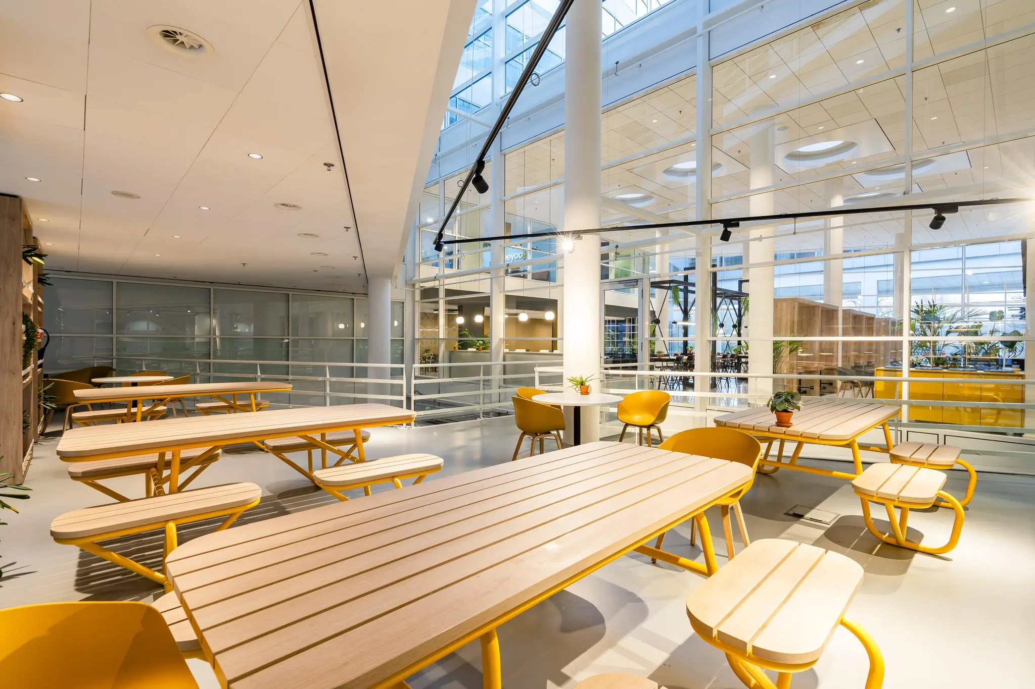 Moderne en licht ingerichte kantineruimte aan de Newtonlaan met houten picknicktafels en gele accenten.