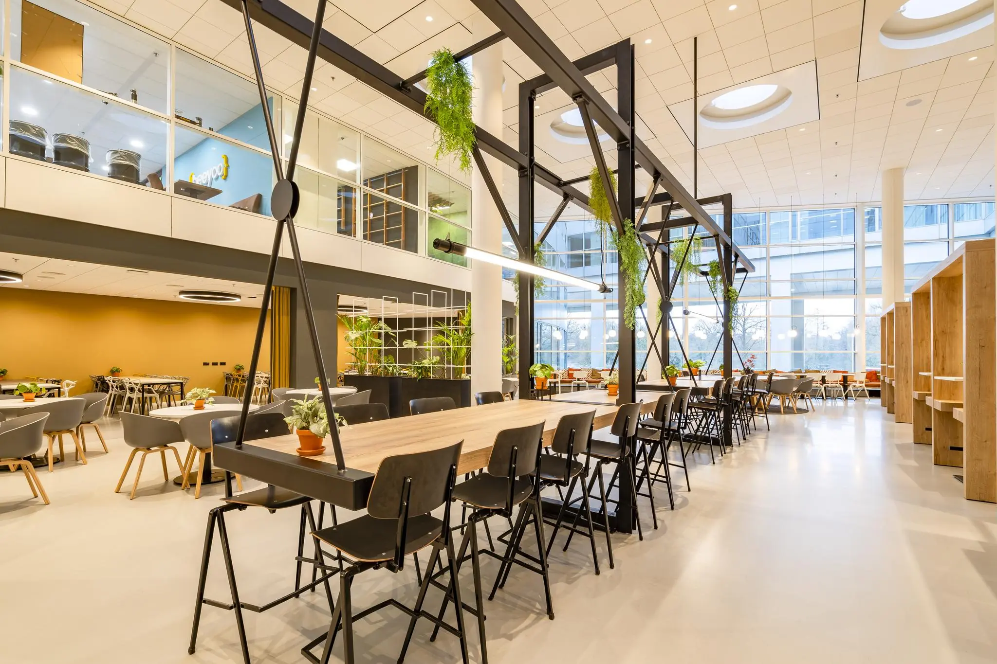 Moderne, lichte bedrijfskantine aan de Newtonlaan met lange tafels, planten en diverse zithoeken.