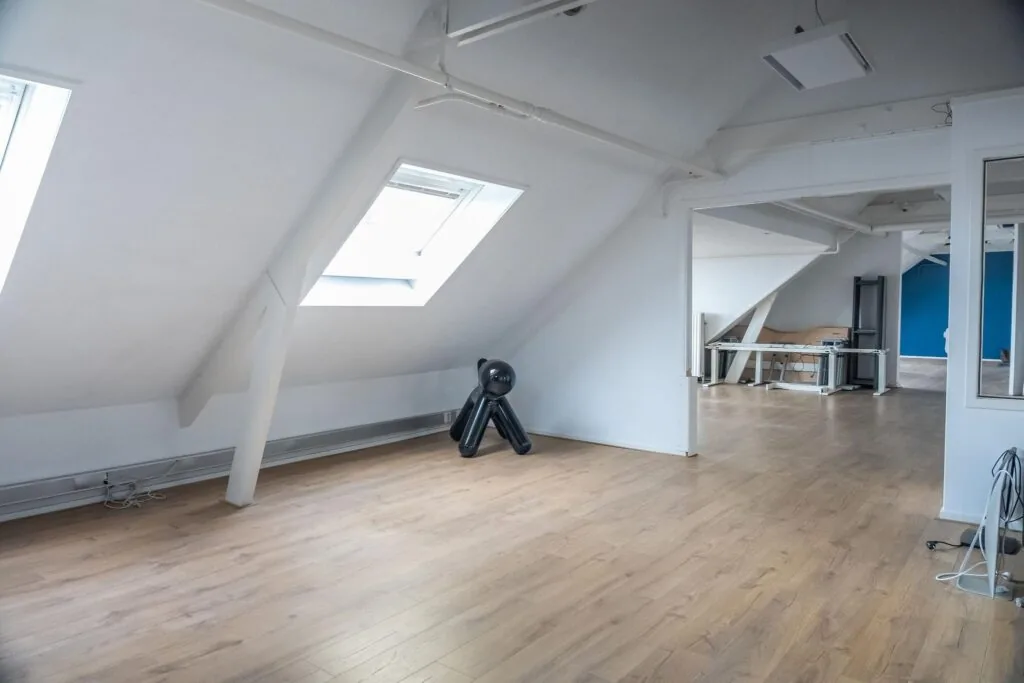 Lichte zolderruimte met houten vloer, schuine dakramen en een zwart hondvormig decoratieobject.