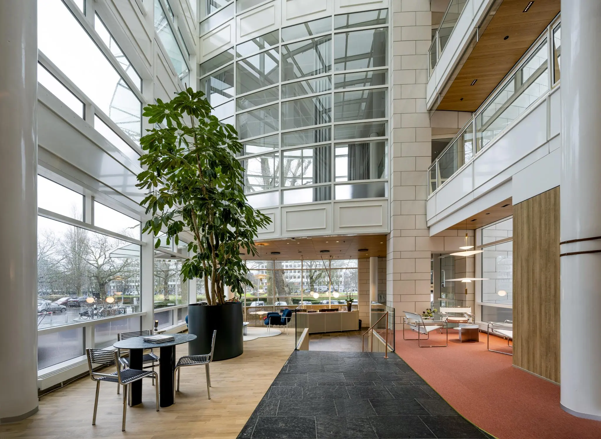 Moderne en lichte lobby van een kantoorgebouw aan de Apollolaan, met grote ramen, een hoge plant en diverse zithoeken.