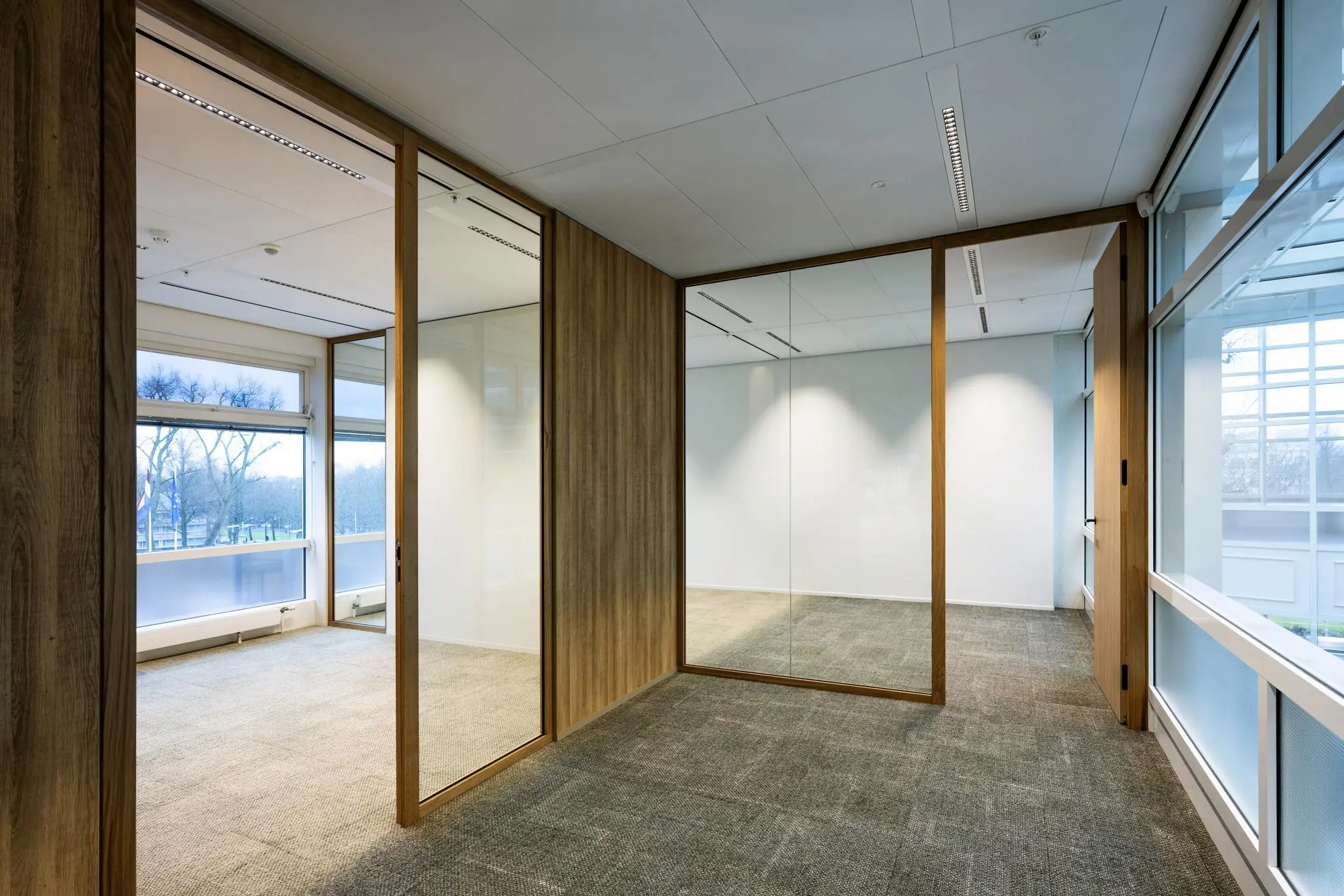 Modern kantoorinterieur aan de Apollolaan met glazen wanden, houten accenten en uitzicht op bomen.